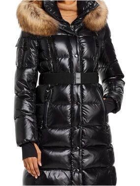 SAM. Shiny Black Quilted Puffer Coat with Fur-Trim Hood